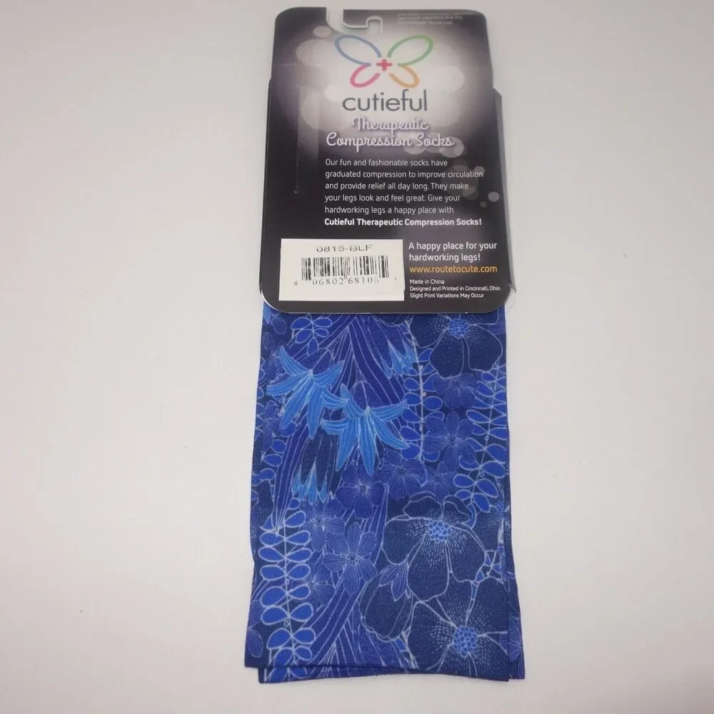 NEW Cutieful Therapeutic Compression Socks Fits Size 5-11 Blue Floral Flowers